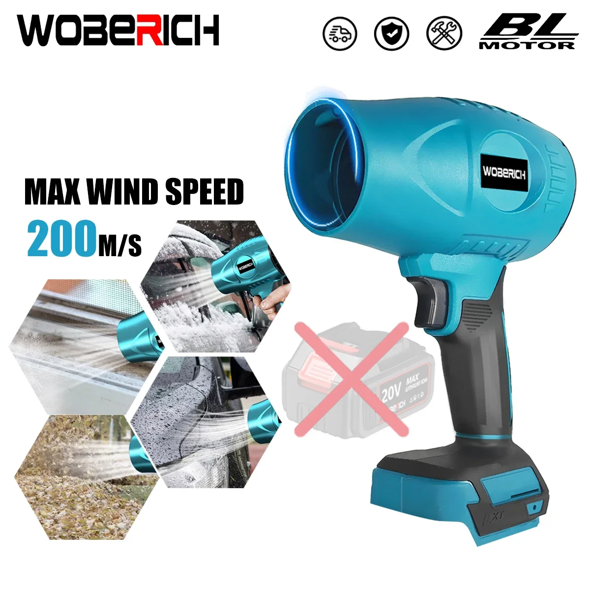 WOBERICH brushless electric blower turbo jet fan 200M S violent car dryer snow dust blowing tool Makita 18V battery no battery