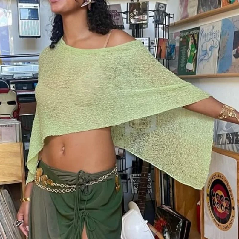 Haut Poncho transparent pour femme, châle léger en tricot, épaules dénudées, chemisier en maille, cache-maillot