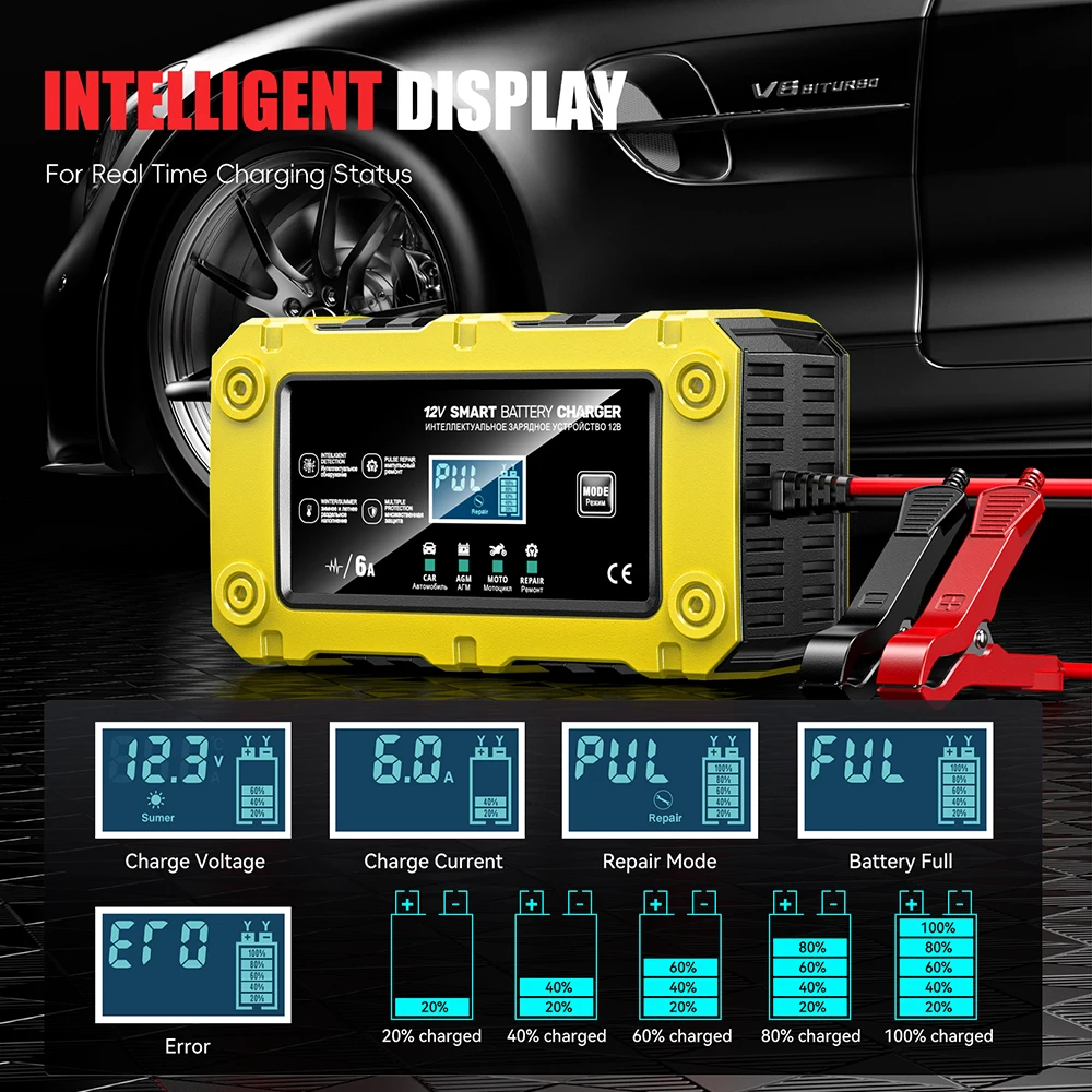 FOXSUR Neue Auto Batterie Ladegerät 12V 6A Touchscreen Puls Reparatur LCD Schnelle Power Lade Nass Trocken Blei säure Digitale LCD Display – Detail 6