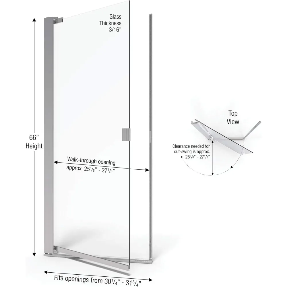 Armon Single Swing Shower Door, Chrome, 30.25-31.75 in. Wide x 66 in. high, Obscure Glass 2