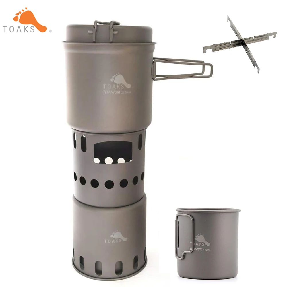 TOAKS Titanium 1100ml Pot with Pan 450ml Mug Wood Stove Combo Set, Ultralight Titanium Camping Equipment