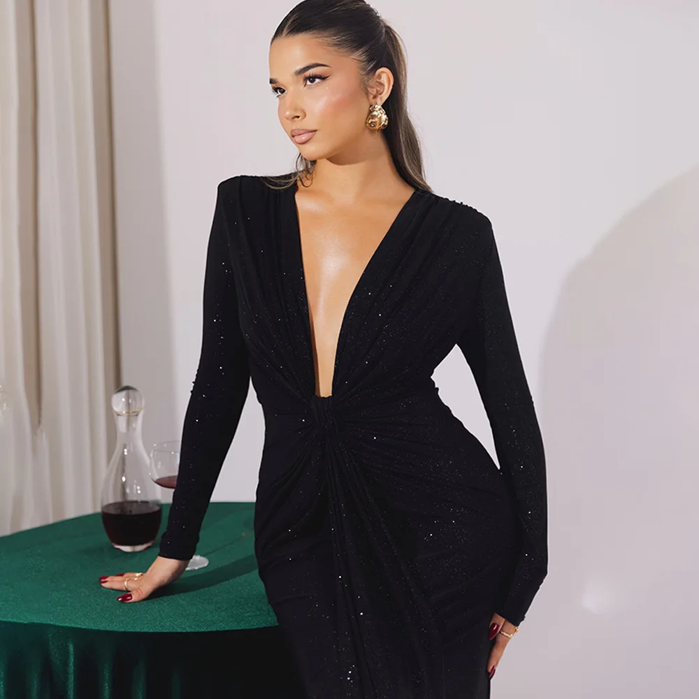 Elegant Long Sleeve Elastic Tight Party Evening Dress For Women Sexy Deep V-Fold Lace Vestido Autumn/Winter New 2025