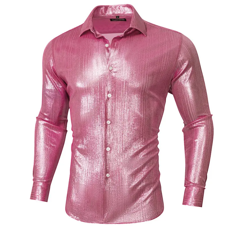 

Coral Pink Men Silk Shirt Fashion Long Sleeve Woven Turn-Down Collar Casual Fit Party Gifts Male Groom Wedding Barry.Wang CY-705