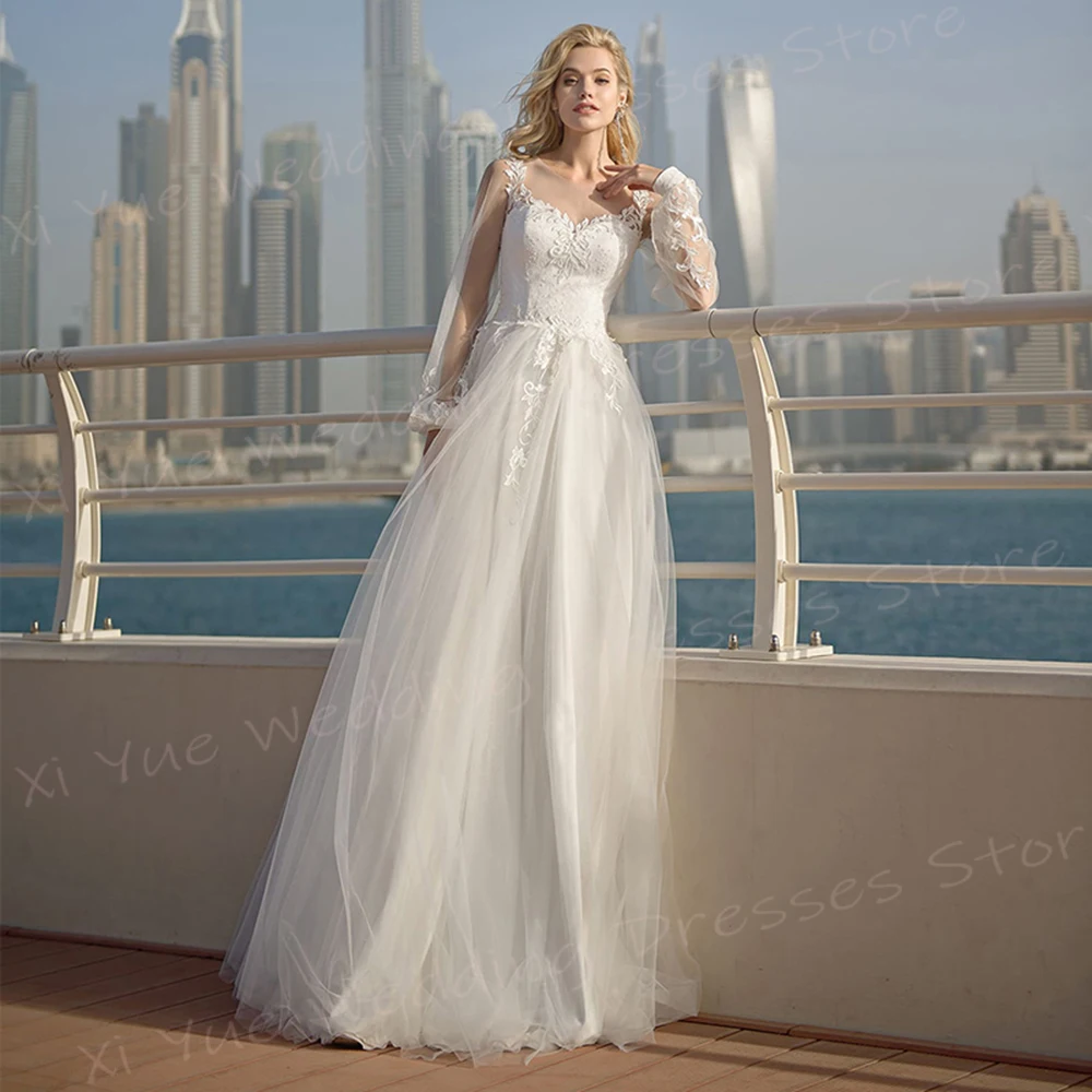 

2024 Gorgeous A Line Women's Wedding Dresses Elegant O-Neck Lace Up Appliques Bride Gowns Long Sleeve Beach Vestido De Noivas