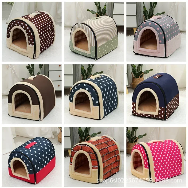 Pet Bed Dog House Kennel Soft Tent Indoor Enclosed Warm Plush Sleeping Nest Basket with Removable Cushion Travel Dog Accessory