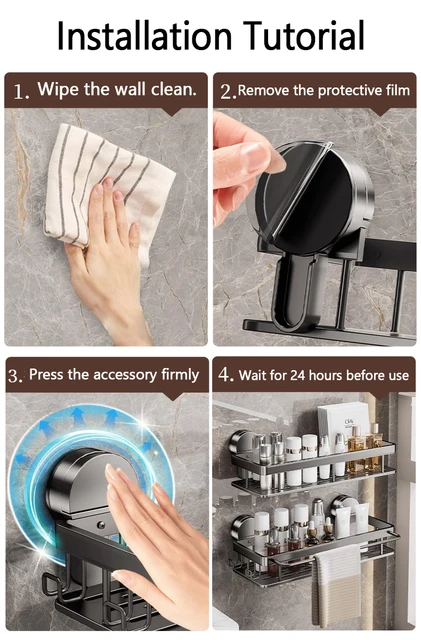 ชั้นวางของในห้องน้ำแบบติดผนังด้วยถ้วยดูด ไม่ต้องเจาะผนัง สำหรับวางขวดแชมพู ชั้นวางของในห้องอาบน้ำ ชั้นวางของในห้องน้ำและห้องครัว ทำจากอะลูมิเนียม 2