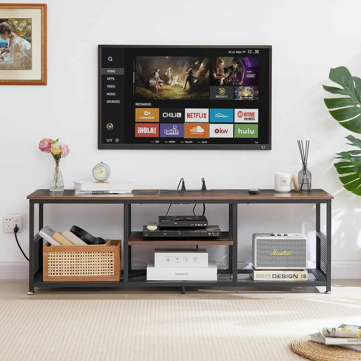 55" TV Stand with Power Outlets & Charging Station, Media Console for TVs up to 65", 3-Tier Shelves, Brown Metal Frame