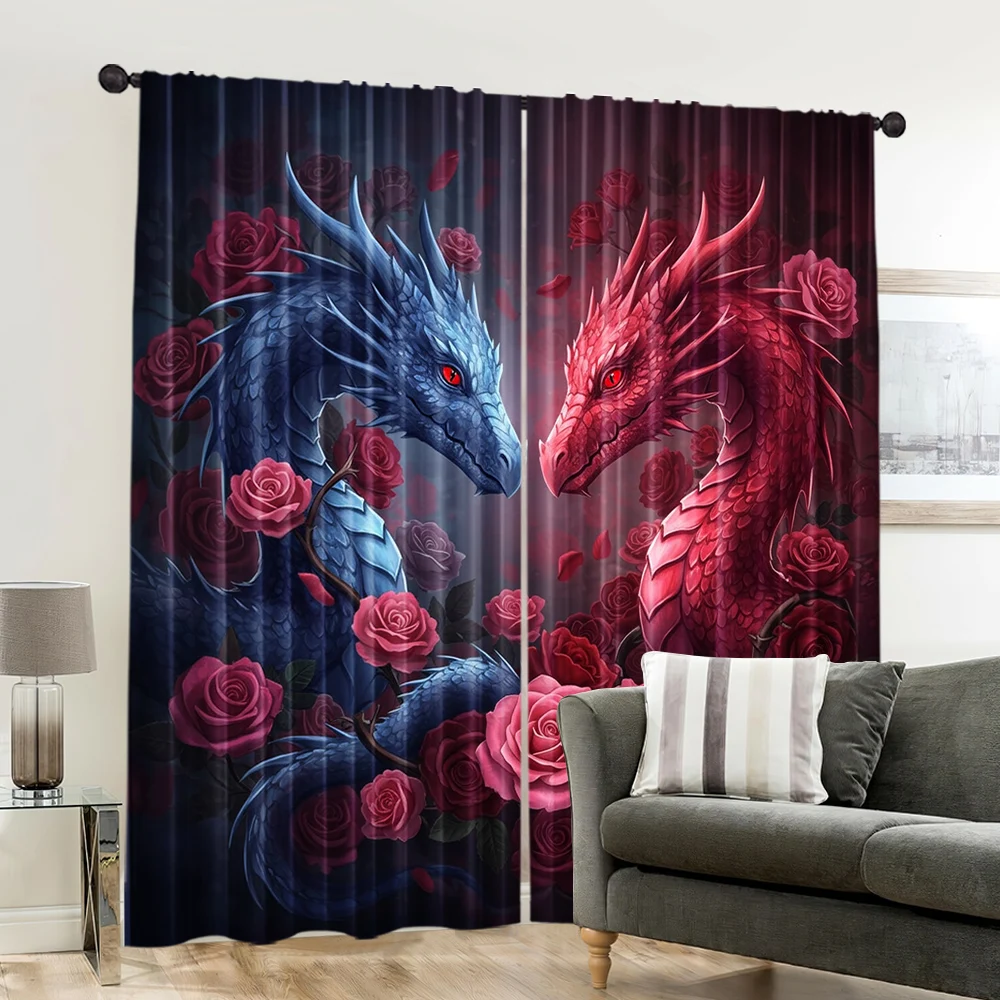 2pcs, spring summer Curtains Pink Dragon Rose Art Digital Print Drapes Polyester Woven Outdoor Decorations Ldeal for Kitchen 6