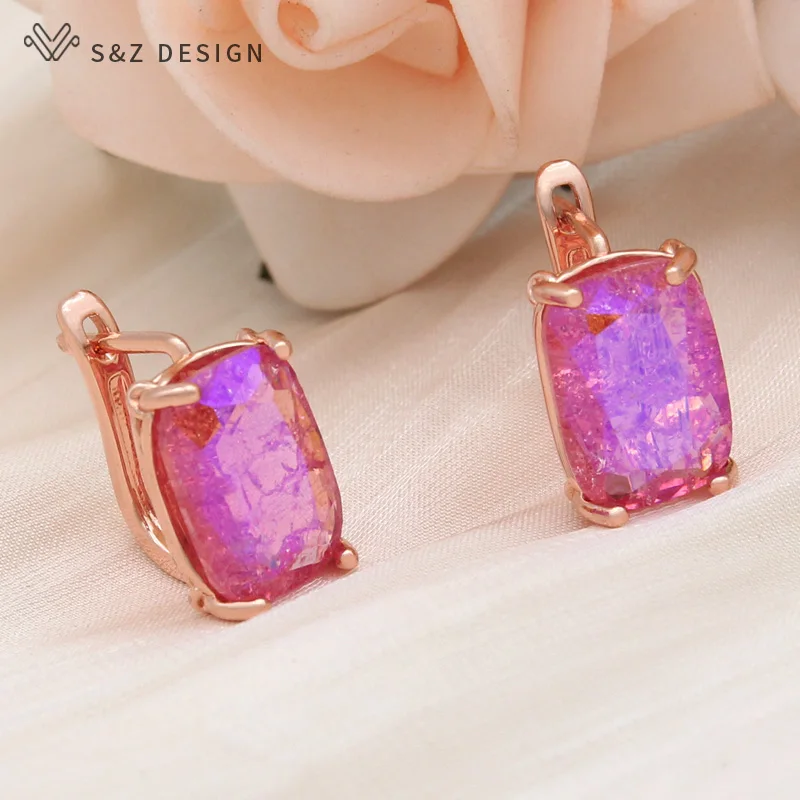 S&Z DESIGN New Fashion Rectangle Ice Crack Crystal Dangle Earrings For Women 585 Rose Gold Color Wedding Jewelry Eardrop