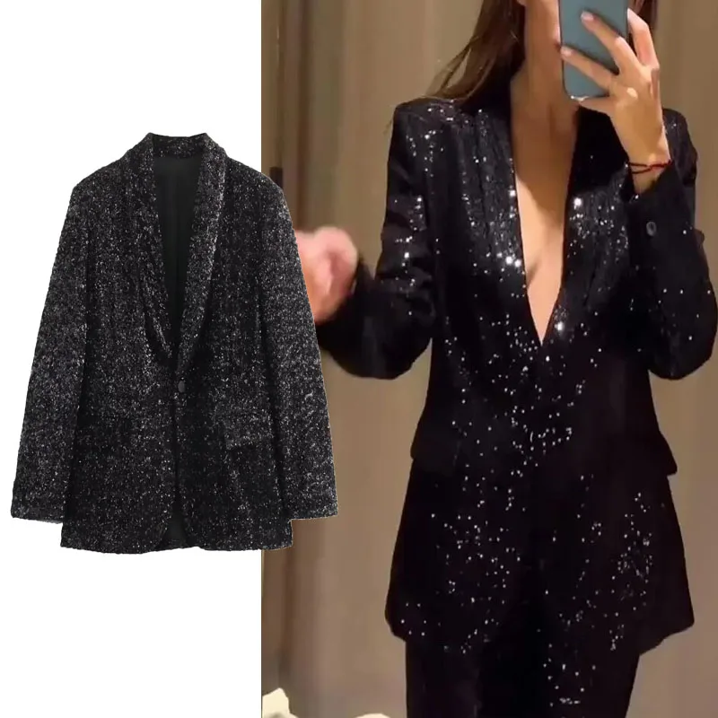 

TRAF Woman Fitted Sequin Blazer Black Lapel Long Sleeves Jacket Fashion Shining Pockets Outerwear Casual Office Lady Work Tops