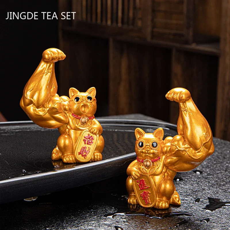 Creative Resin Animal Sculpture Tea Pet Muscle Arm Lucky Cat Color Changing Tea Doll Ornament Opening Gifts Home Decoration