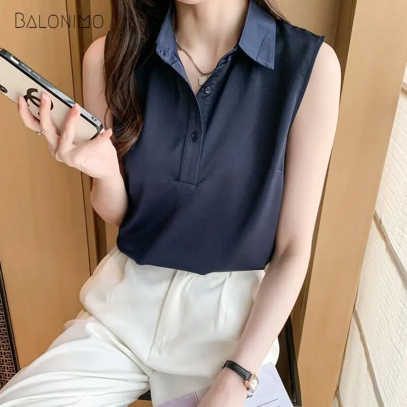 

Summer Women Silk Sleeveless Blouse Fashion Turn Down Collar Shirts Solid Elegant Casual Design Tops Office Lady Basic Top