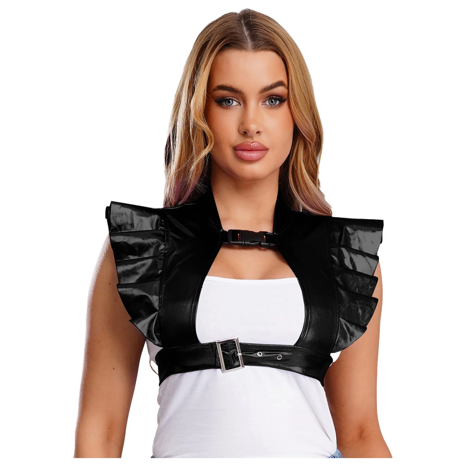 Schillernde Metallic-Schulterrüstung für Damen, Clubwear, gerüschter Besatz, vorderer Ausschnitt, verstellbare Träger, Rave-Achselzucken, bauchfreies Oberteil – Detail 3