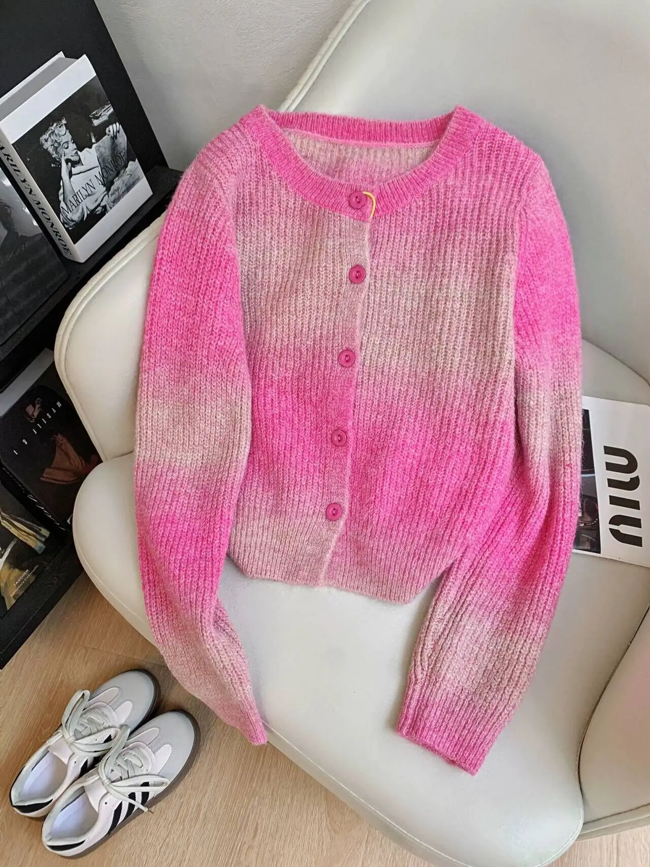 

Early Spring New Pink Gradient Striped Mohair Sweater Cardigan Rround Neck Short Knit Loose Jacket For Women Knitwear X943