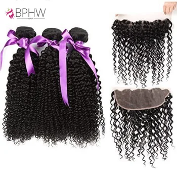 3 Bundles With 13x4 Frontal Human Hair Kinky Curly Lace Bundles With Closure Hair Extensions For Black Women Natural Color BPHW