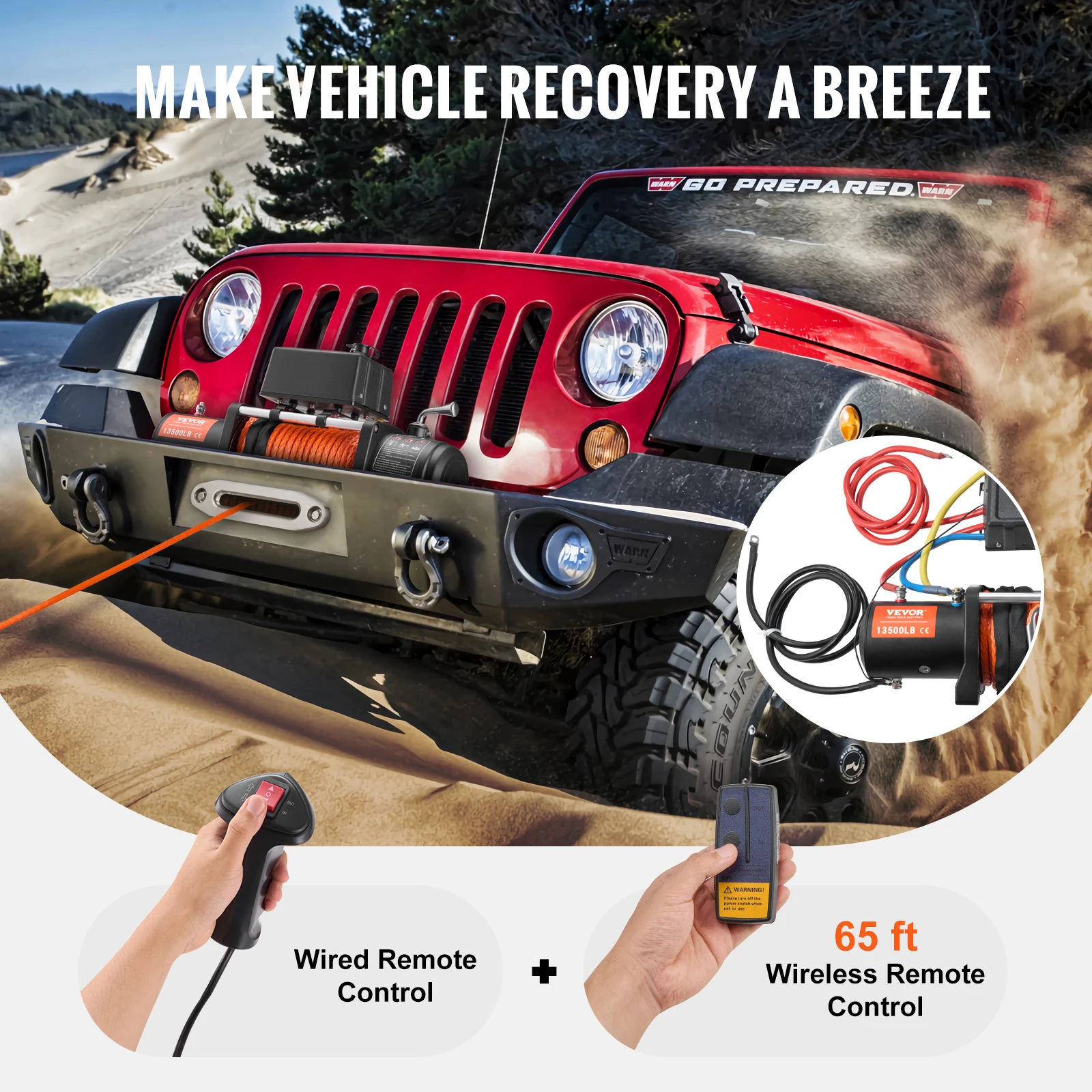 VEVOR 13500lbs Electric Winch Car Truck Winch with 80ft Synthetic Rope Wireless & Wired Remote Control for Towing Off-Road SUV electric winch