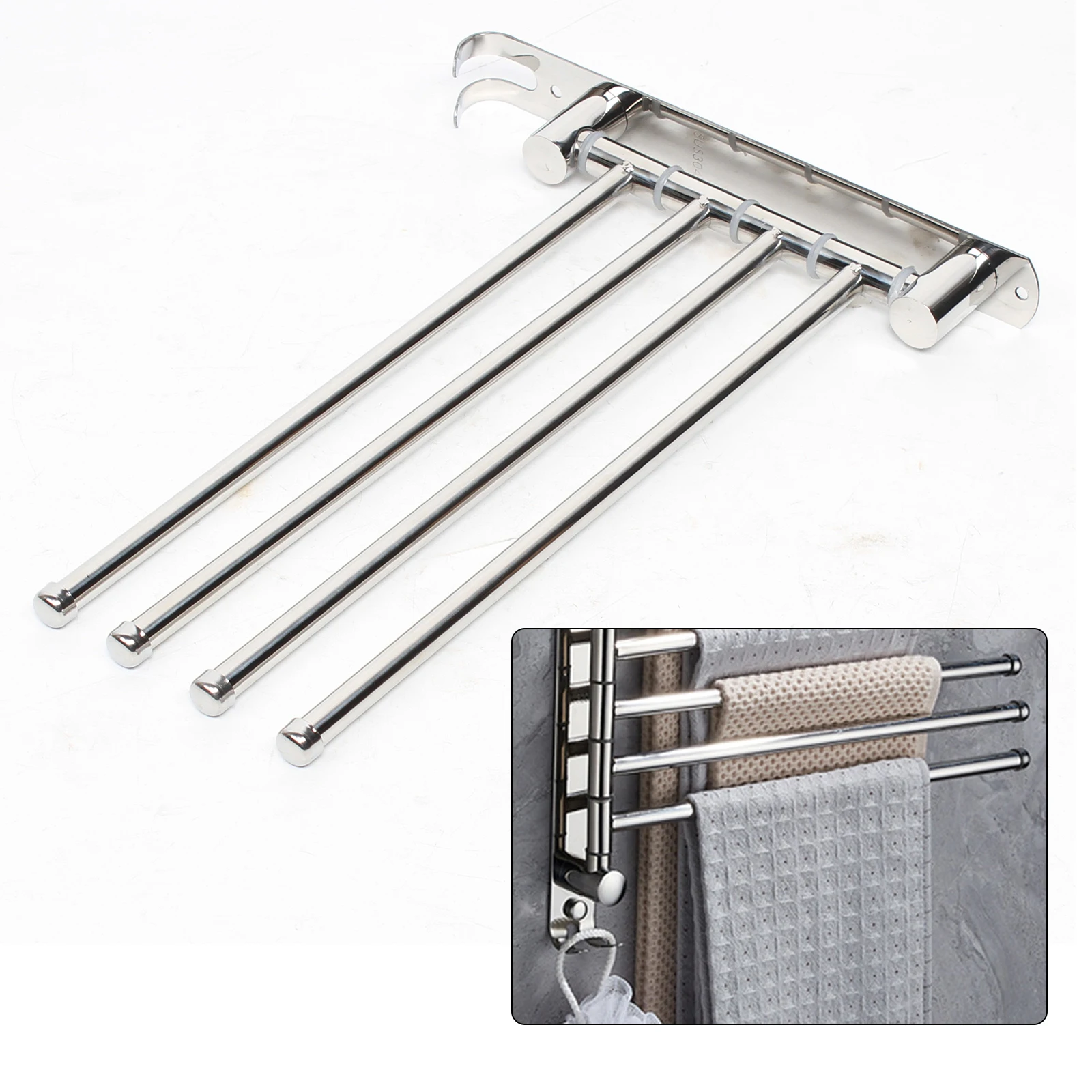 4-Arm Towel Hanger Wall Mounted Rotatable Towel Rack with 4 Rotating Swing Arm 304 Stainless Steel Organizer with Hooks