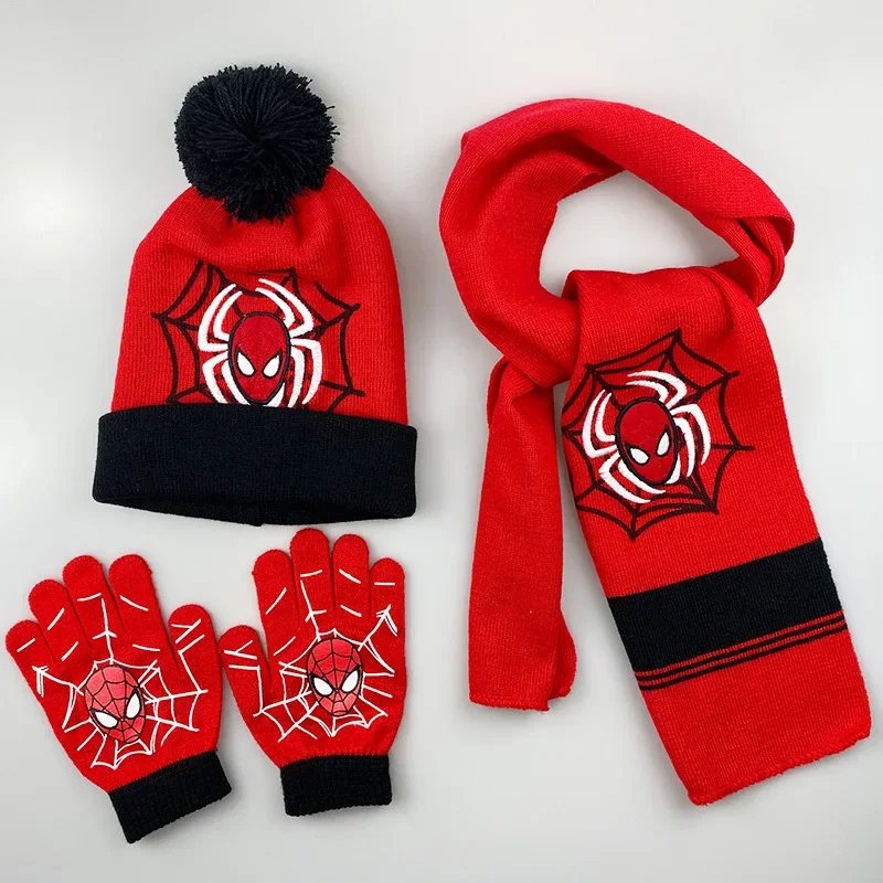 Disney Spiderman Kids Hat Scarf Gloves Three-piece Set Boys Lovely Knitted Woollen Hats Baby Wool Hat Scarf Kawaii Thick Hats kids hat set