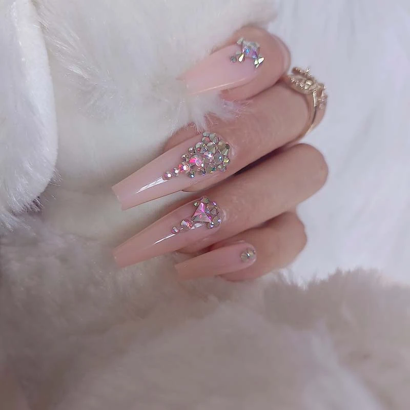 24pcs New Luxury Jewelry Long Ballet Coffin Fake Nails Crystal Diamond Light Pink False Nails Aliexpress