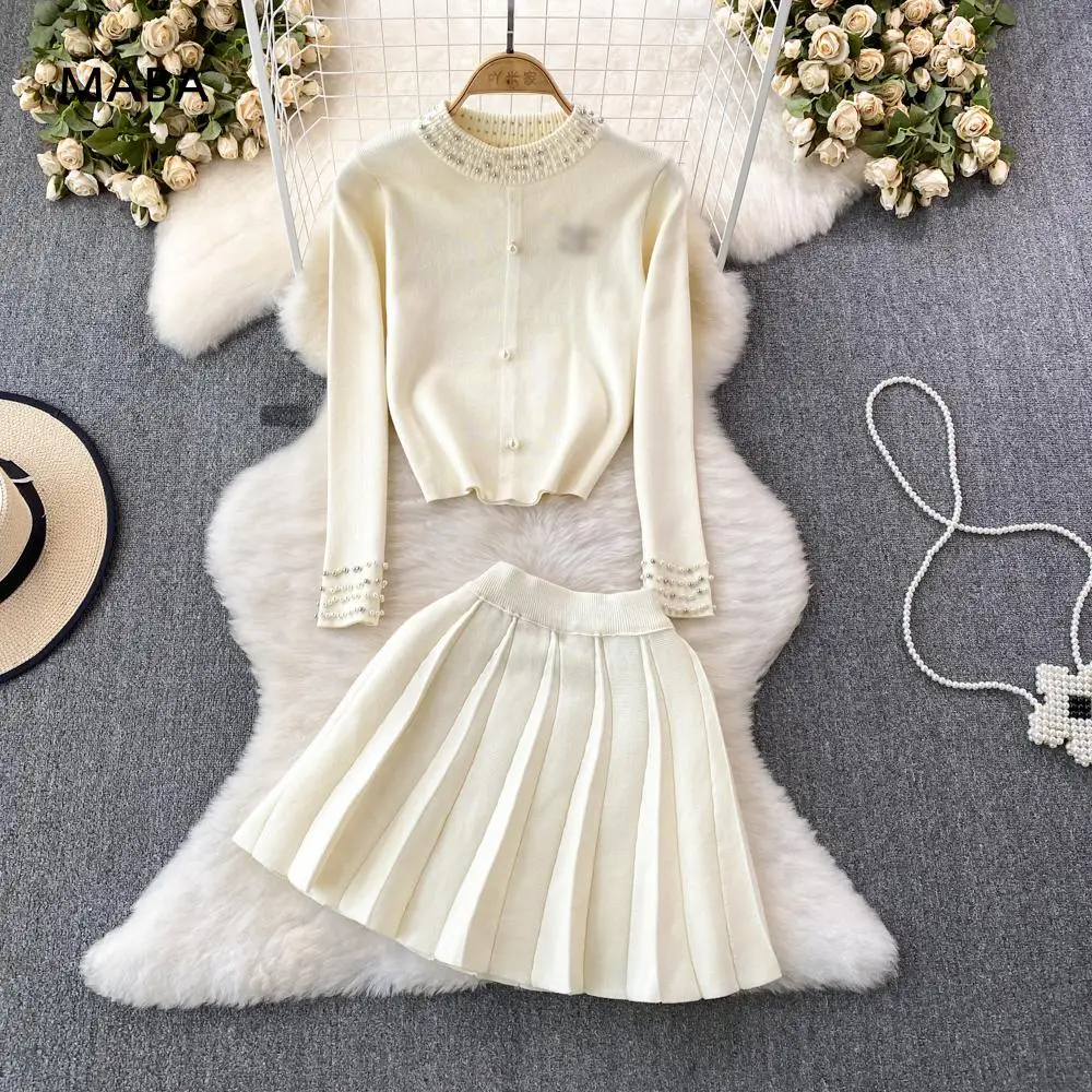 

Knitted Sweet Two Piece Sets 2023 Autumn Women Stand Neck Long Sleeve Button Beading Pullover Sweater+ A-line Mini Pleated Skirt
