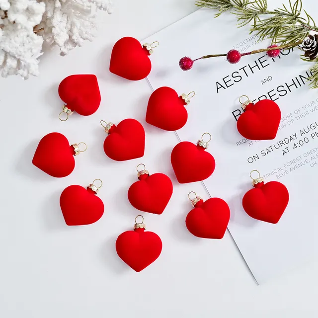 12pcs 5CM Valentine's Day Hanging Heart Ornaments Heart Shaped Tree Baubles Valentine Velvet Ball Ornaments 2