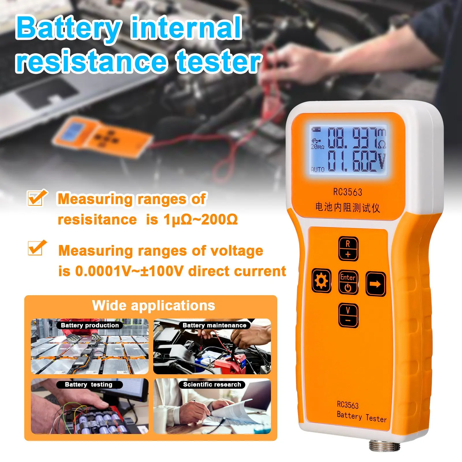 Connexions des câbles quatre fils du RC3563 à une batterie lithium pour mesure précise de résistance interne.