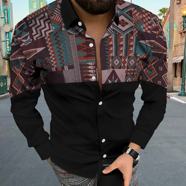 Camisas con botones Vintage para hombre, blusa étnica occidental, Floral hawaiana de manga larga, ropa de calle informal Harajuku -