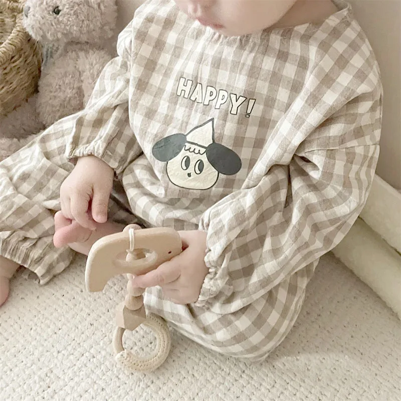 2024 nuovi vestiti di lino di cotone per bambini Set Plaid Cartoon Casual top + pantaloni 2 pezzi Baby Set Cute Boy Girls comodi abiti per neonati - immagine 4