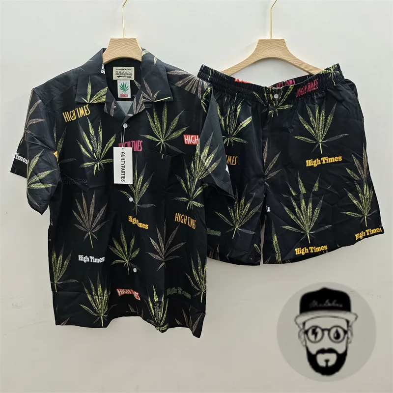 Free shipping black wacko maria maple leaf print summer casual loose Hawaiian shirt men's and women's set