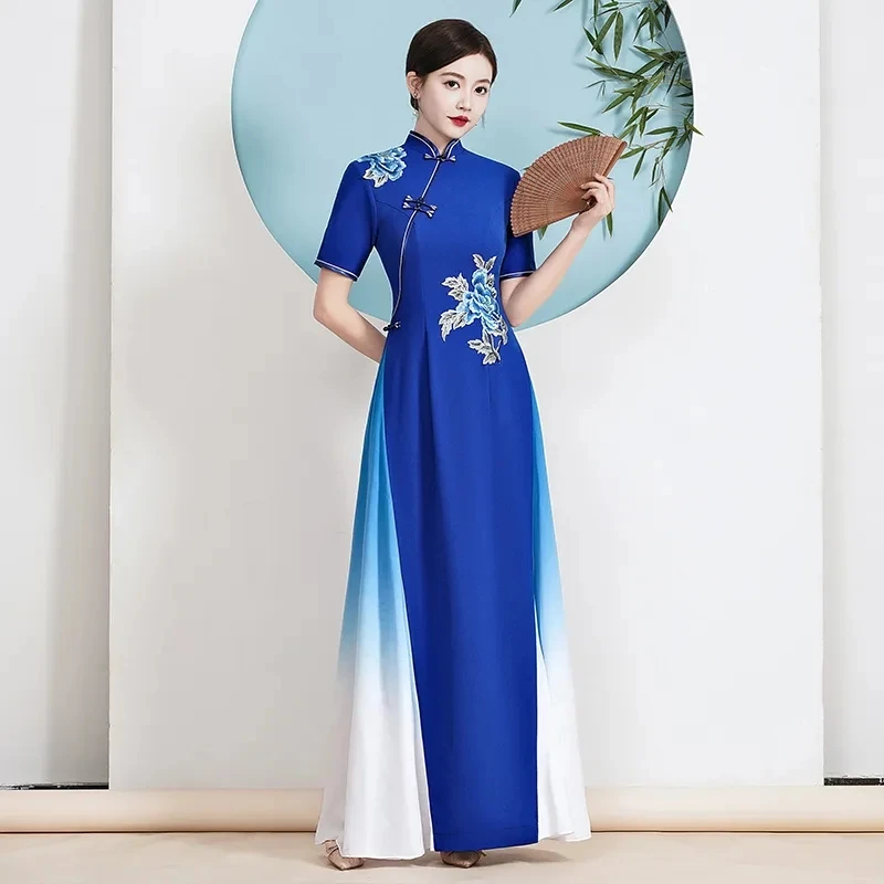 2024 Ao Dai Cheongsam 민속 스타일 베트남 쉬폰 Aodai 우아한 여성 꽃 자수 전통 드레스 동양 Qipao 드레스