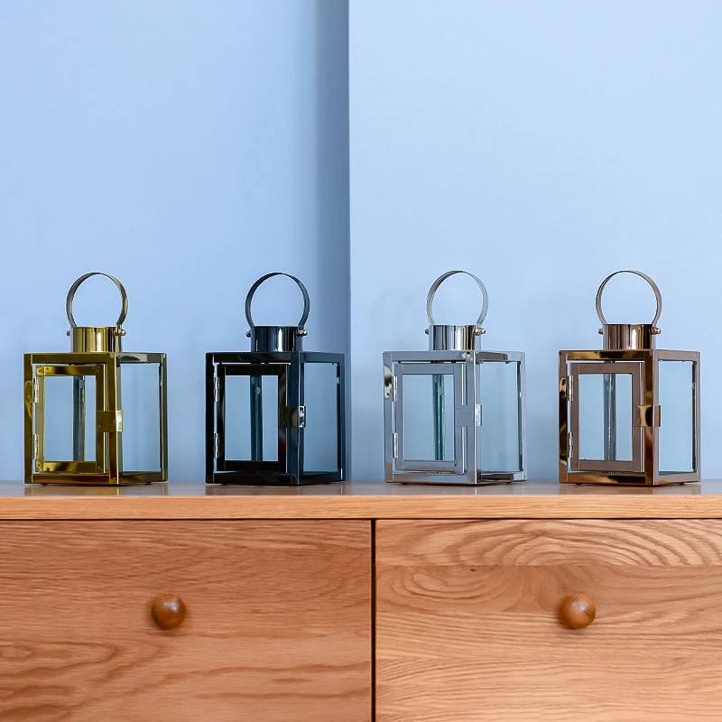 

Portable Candlestick Handheld Candle Holder Box Square Stainless Steel Candle Stand With Handle Dollhouse Decor Scene Ornaments