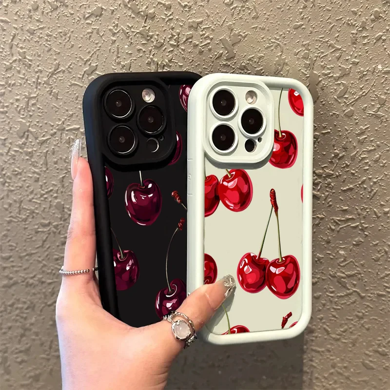 Elegant Wine Red Cherry Print Silicone Phone Case - Soft, Stylish Back Cover