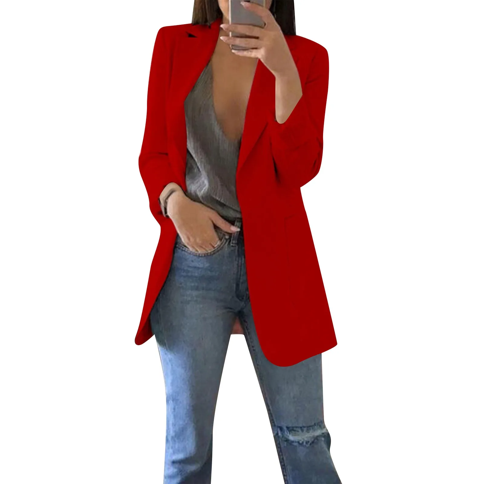 

Женский однотонный кардиган с карманами спереди, официальный костюм, блузка с длинным рукавом, пальто, удобная Высококачественная новая верхняя одежда, 2024