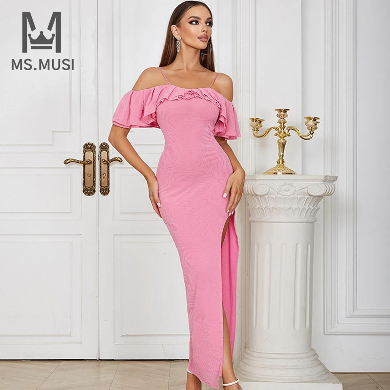 

MSMUSI 2023 New Fashion Women Sexy Velvet Strap Off The Shoulder Falbala Ruffles Bodycon Party Club Event Slit Maxi Dress Gown
