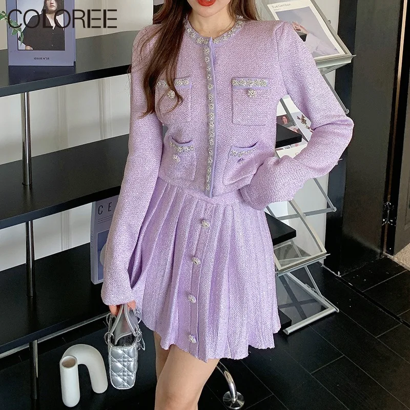 

High Quality Sequined Knit Two Piece Set Women Korean Fashion Elegant Knitted Sweater and Skirt Sets Outfits 2023 Ropa De Mujer
