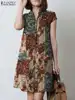 ZANZEA Summer Women Vintage Floral Printed Knee-length Dress Casual Loose Holiday Vestido Kaftan Bohemian Short Sleeve Sundress