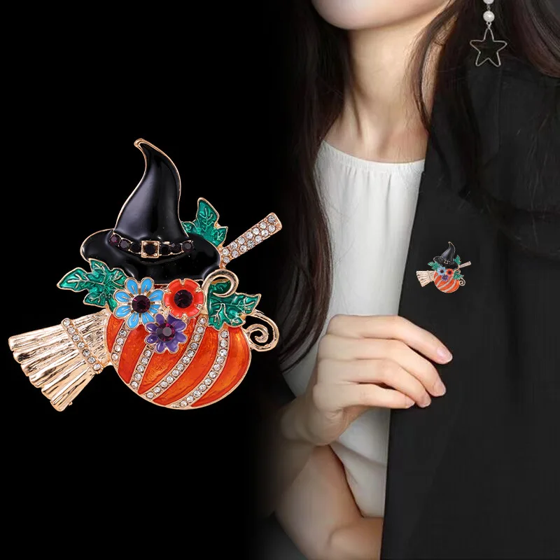 Halloween pumpkin witch with broom brooch pin,fashion brooch jewelry