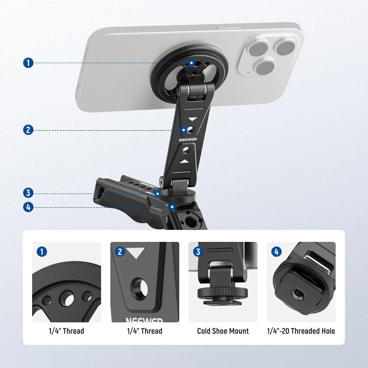 Magnetic Phone Tripod Mount with Cold Shoe, Metal Portable Smartphone Holder Ada
