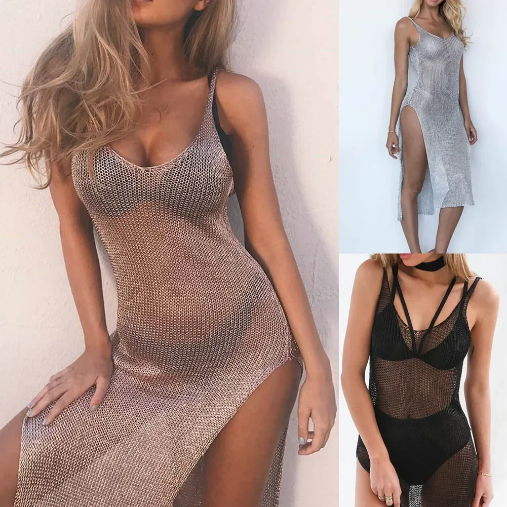 Swimsuit cover up Swimsuit coverup Fishnet cover up Women Sexy Mesh Beach Dress Sheer Long Cover Up Knitted Glitter Tunic Female Golden Swimsuit Bikini Sarong Swimwear Sling Dress