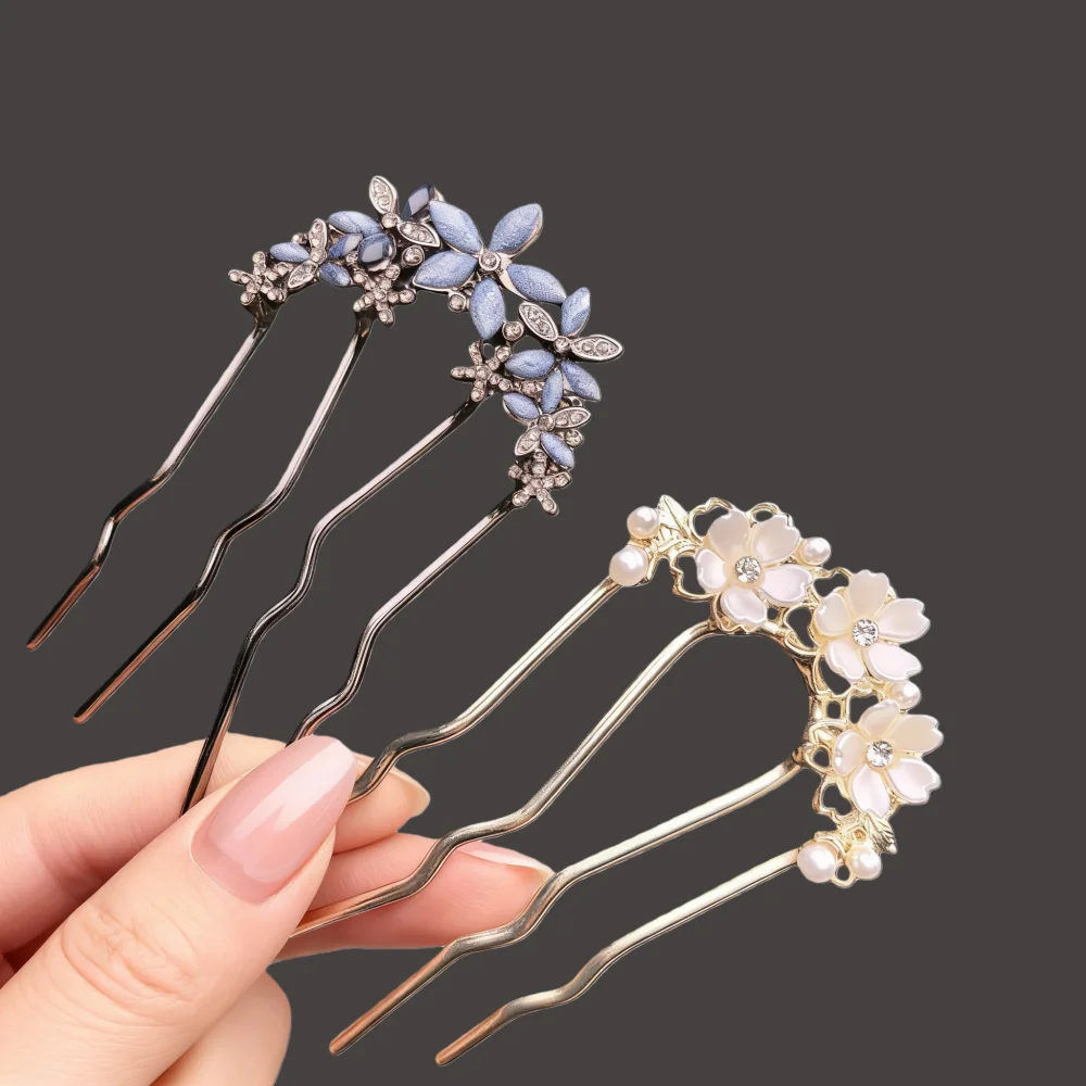 Metallische Perlen-U-förmige Haarkamm-Clips für Damen, Elegante Blumen-Haarspangen, Stilvolle Alltags-Haarnadeln, Hochzeits-Haarknoten-Accessoires – Detail 11