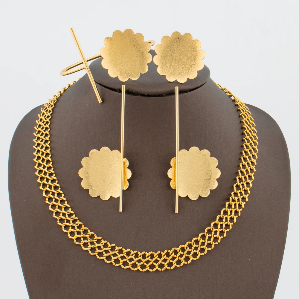 

Dubai Gold Color Jewelry Set for Women Long Earrings and Chain Necklace Weddings Party Cuff Bangle with Ring 4Pcs Set Gifts