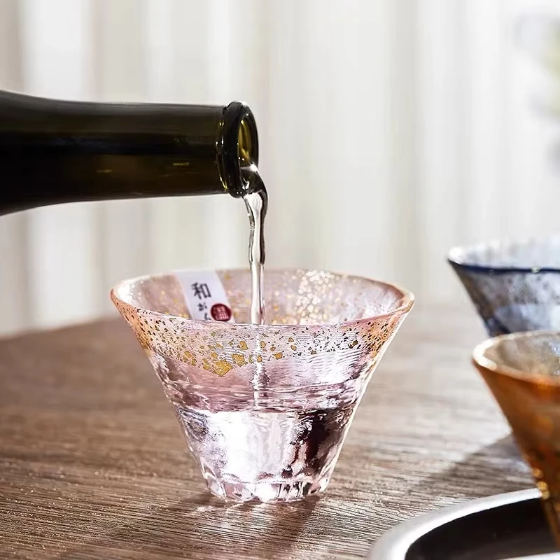 Japanese Oriental 80ml Handmade Sake Glass Cup with Gold Foil Mount Fuji Cherry Blossom Design for Cold Wine And Small Te