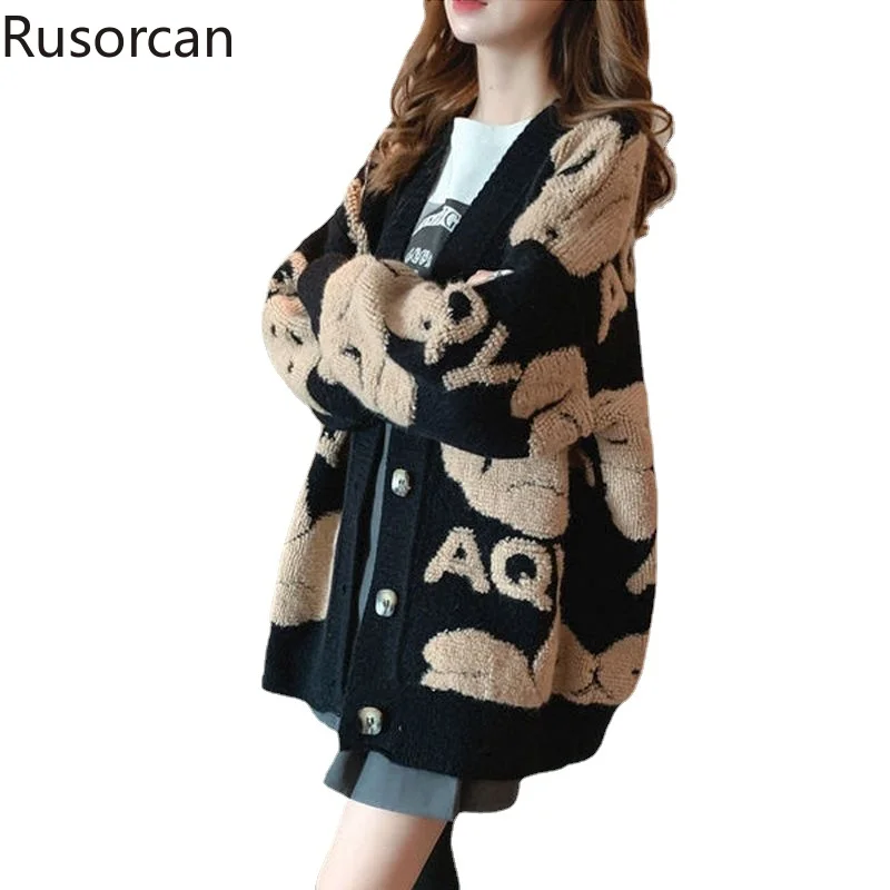 

Spring Autumn Winter 2023 New Slouchy Korean Sweater Loose Thick Knitted Cardigan Fashionable Cartoon Cute Versatile Coat Female