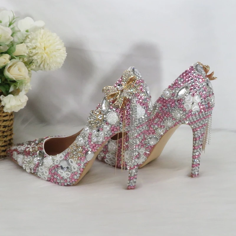 Shallow Women Bridal Wedding Shoes Fashion High Pumps Woman Thin Heel Tassel Crystal Party Dress Shoes Lady Pink Crystal Shoe