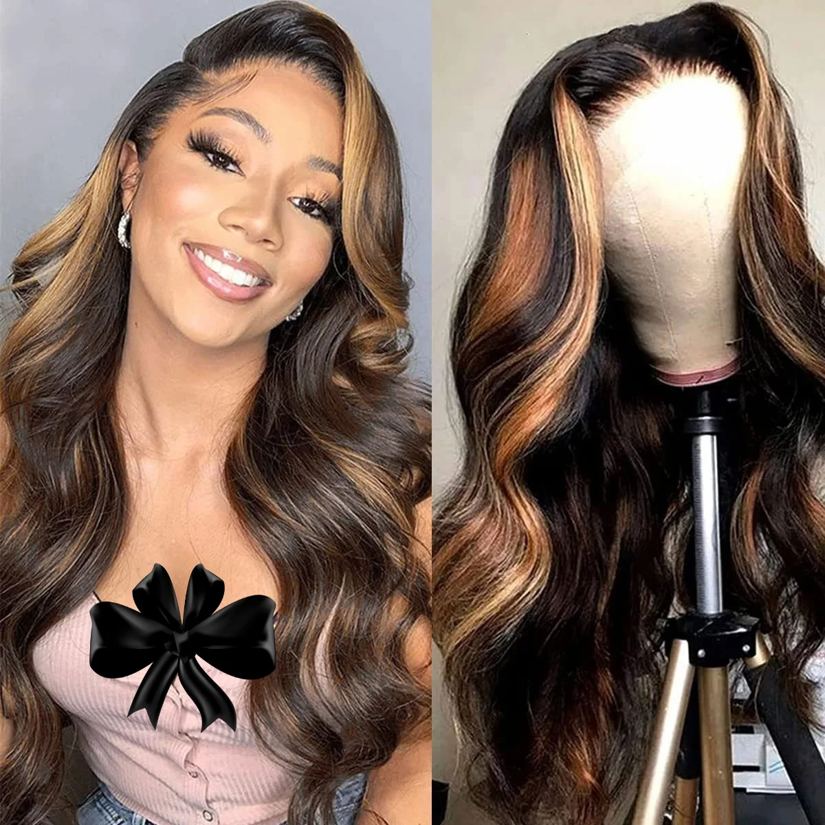 1B/30 Highlight Lace Front Wig Real Human Hair HD Transparent Lace Pre Plucked Natural Hairline Body Wave Virgin Remy Bleached Knots Glueless Design 16-38 Inch Ombre Colored Wig For Black Women Daily & Party Styling