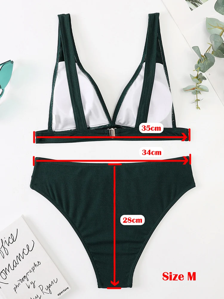 Women Fashion Swimwear Sexy Push Up Ribbed Bikini Set Elegant Swimsuit Summer Solid Biquini High Cut Bathing Suits Drop Shipping