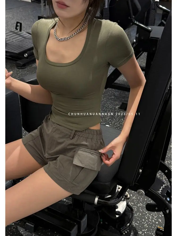 Women High Waist Regular Button Fly Shorts 2025 Summer Retro Casual Washed Cargo Shorts