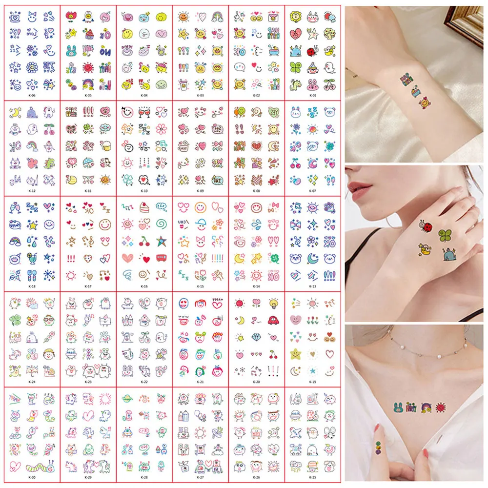 30 Sheets Cute Cartoon Temporary Tattoos for Hands Waterproof Tattoo Stickers for Children Rainbow Fruit Moon Fake Finger Tattoo 2