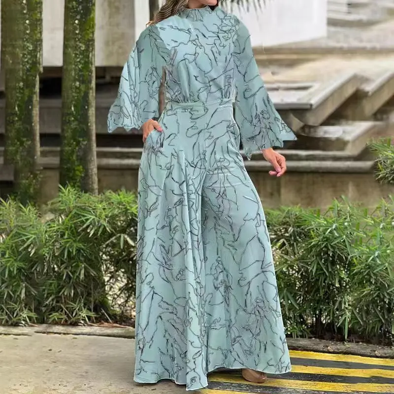 Printed Jumpsuit Fashion Elegant Office Vintage Rompers Wide Leg Overalls Spring Long Sleeve Loose Jumpsuits 2023 Women Summer