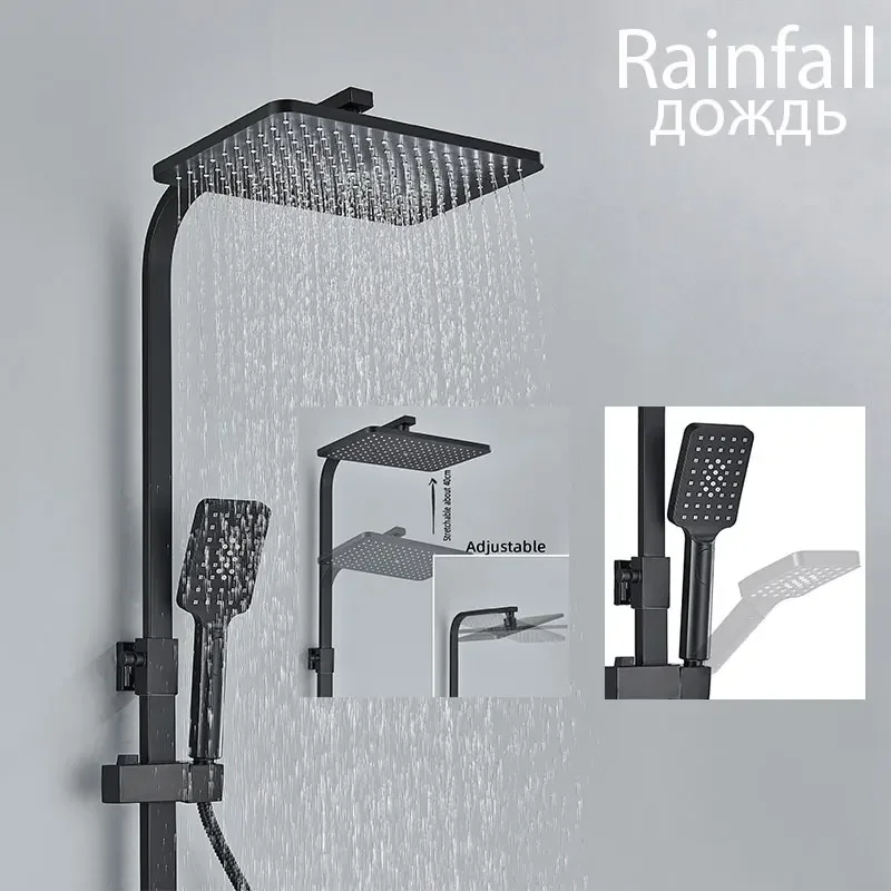 Shower Set Black Faucet 4 Ways Systems Adjustable Mixers Tap Bathe Free Rack Rainfall Modern Bathroom